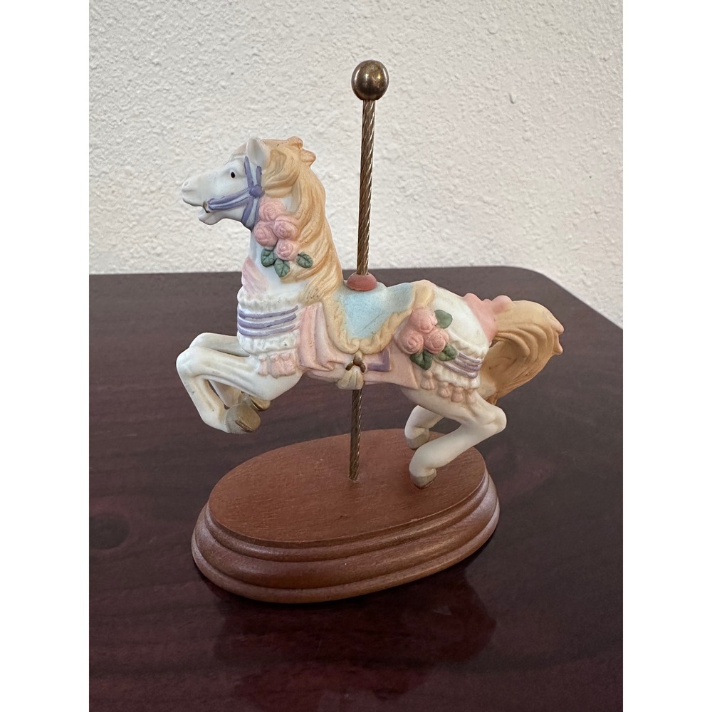 Westland Carousel Horse Figurine Vintage Pastel Floral Porcelain Wood Base